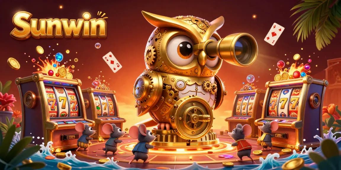 Experience vibrant casino excitement with Sunwin's charming golden owl and animated game elements in this illustrated scene.