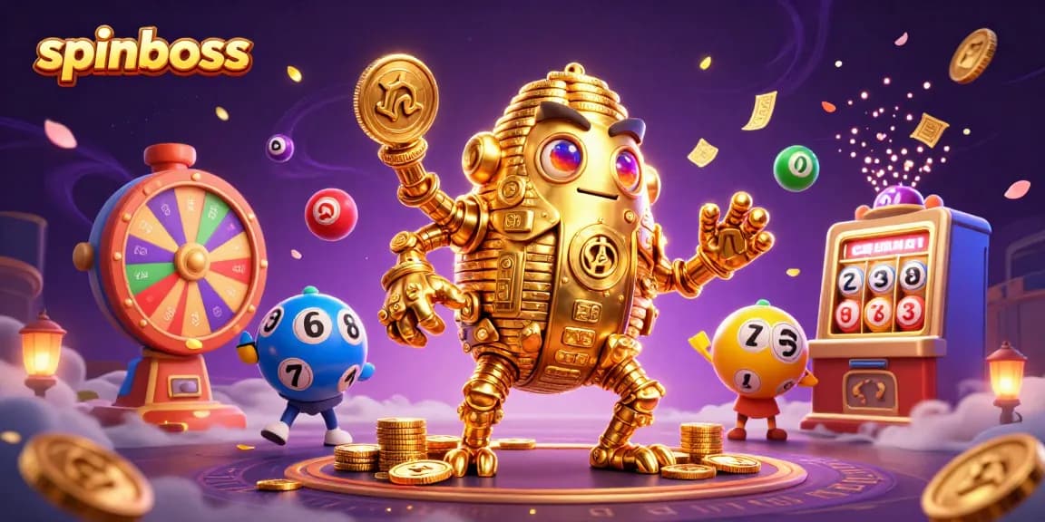 Engage with spinboss, the dynamic casino experience featuring a golden golem, vibrant prize wheels, and colorful lottery elements.