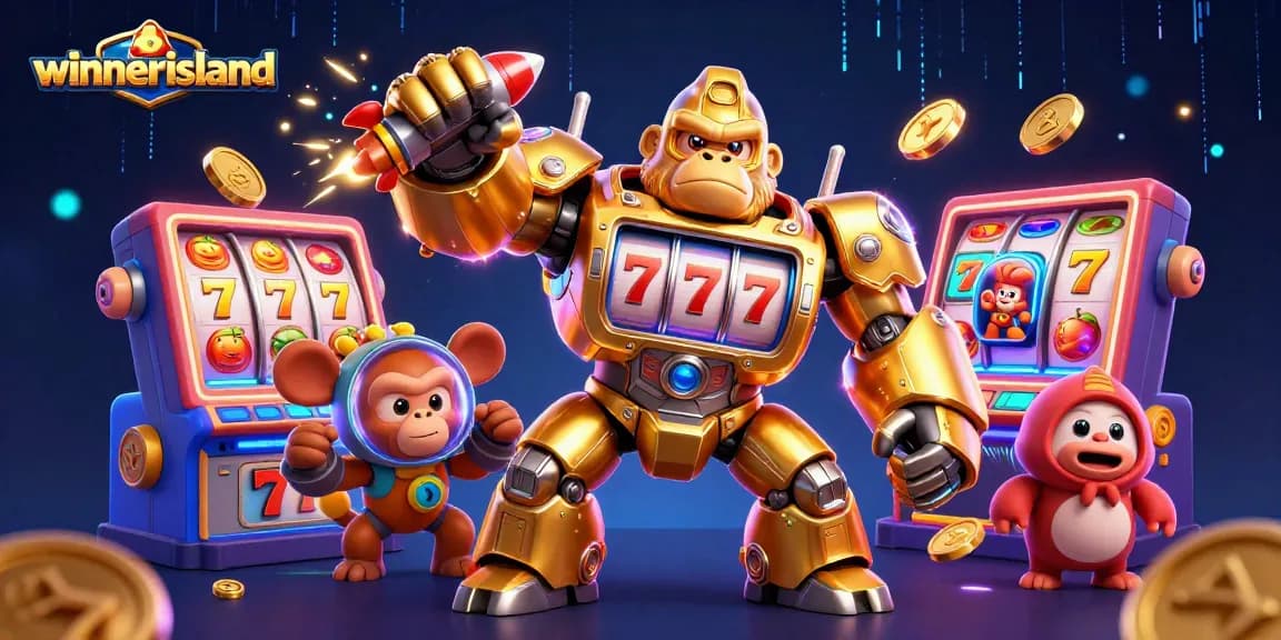 Experience the excitement of slot gaming at winnerisland with a golden gorilla mech surrounded by rich casino elements.