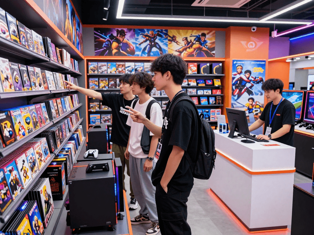 Gamers exploring ROKOK88 slot offerings in a vibrant game store, highlighting excitement and variety.
