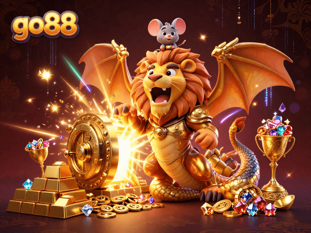 Experience the excitement of go88 with a golden treasure scene featuring a roaring chimera, mouse jockey, and jewels.