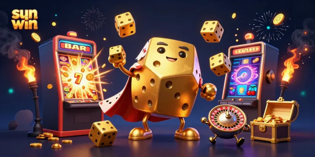 Experience the thrill of sun win with golden dice golem and lively casino elements.