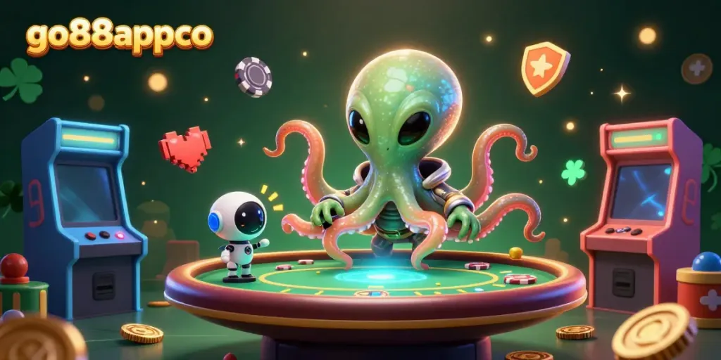 Dynamic scene showcasing go88appco online gaming with an alien octopus at a holographic poker table.