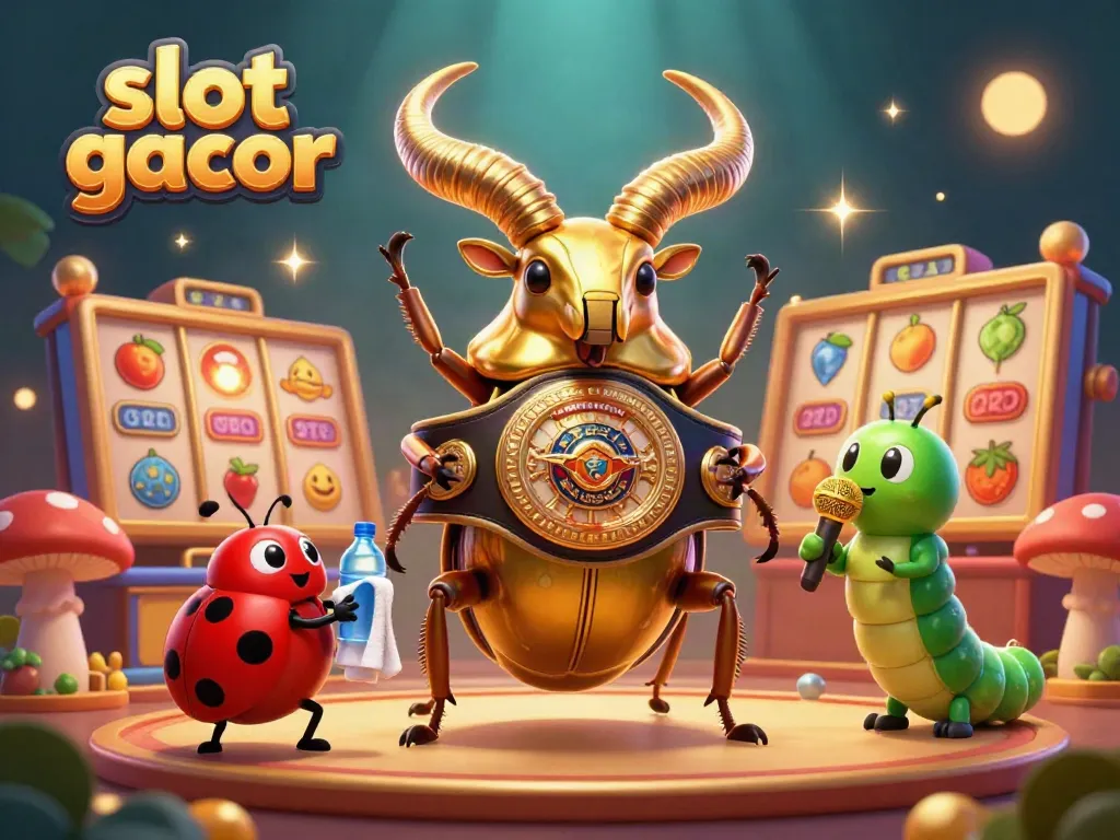 Experience the excitement of slot gacor with a golden stag beetle champion battling for jackpots in this dynamic casino scene.