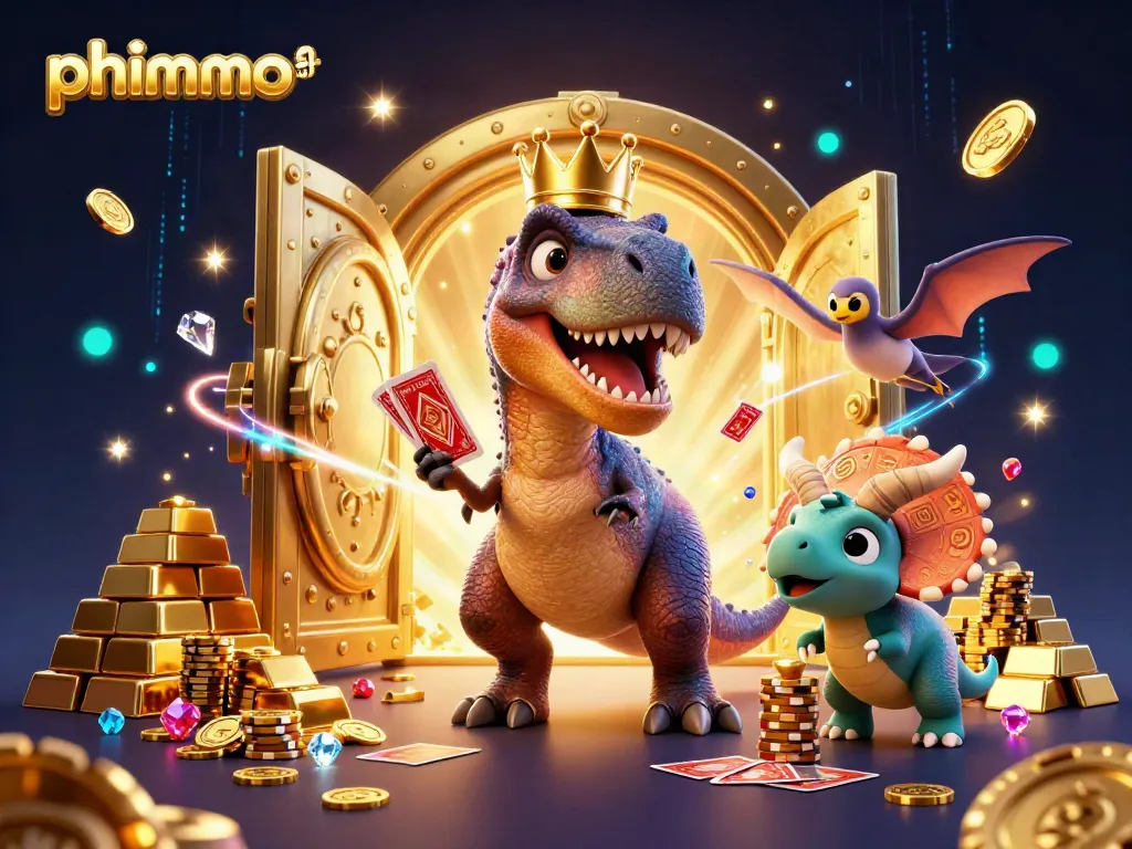 Engage with exciting games at phimmoi net, where a cartoon T-Rex and friends showcase vibrant gambling activities