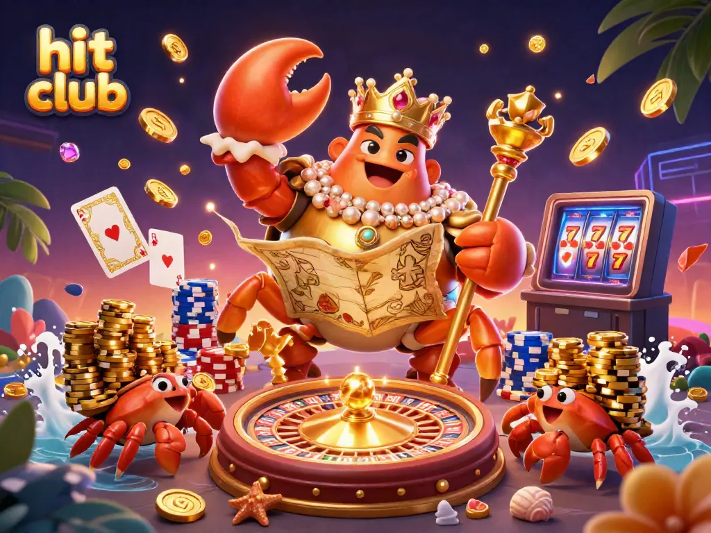 Experience the excitement of hit club with a vibrant 3D casino scene showcasing golden treasures and lively characters.