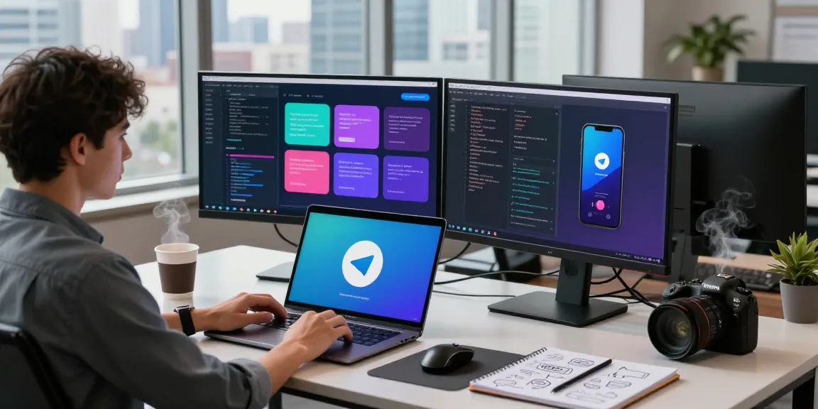 Download Telegram on a laptop in a modern workspace with vibrant app interfaces and code snippets.