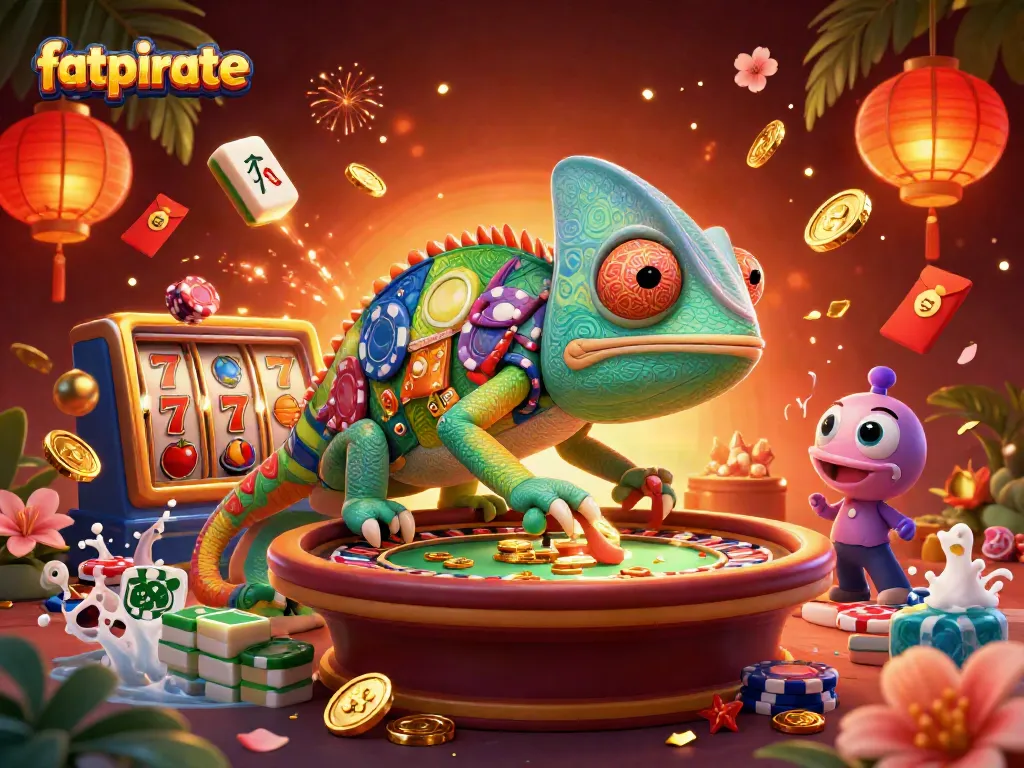 Experience thrilling action at fatpirate casino with vibrant chameleon and dynamic slot reels.