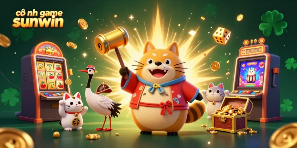 Experience the joy of cổng game sunwin with a cheerful tanuki amid vibrant casino elements exploding with excitement.
