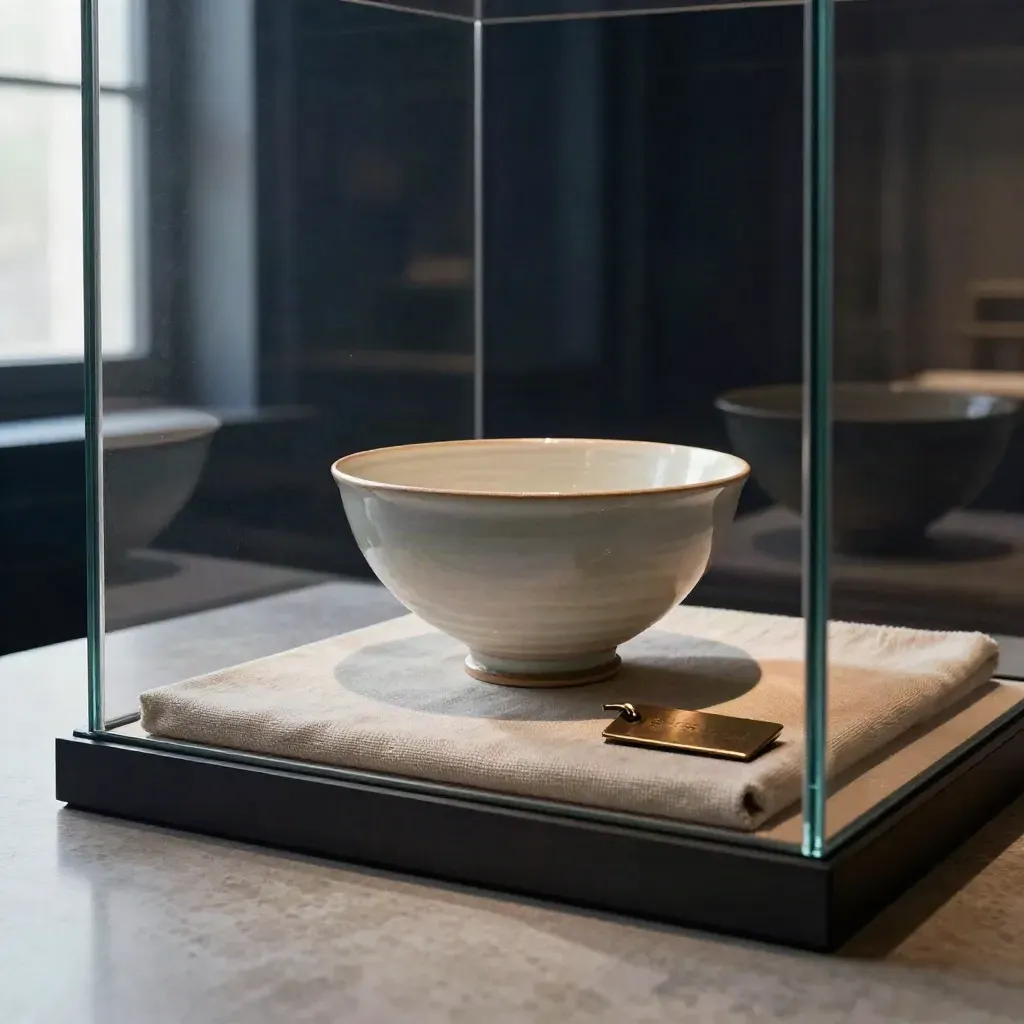 Museumvitrine met keramische schaal op steun, bronzen label en linnen achterdoek