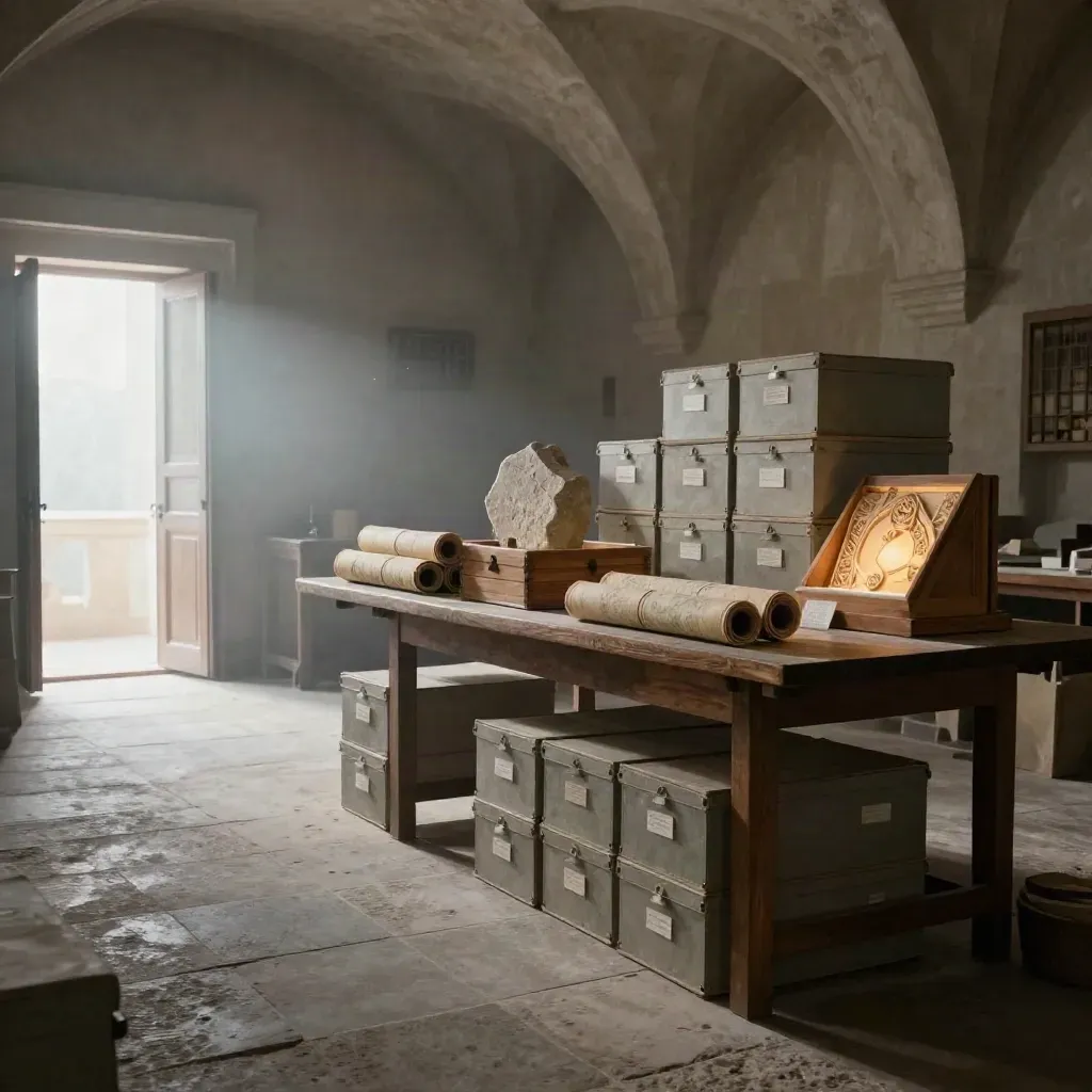 Historische archiefruimte met dozen, kaartrollen en een stenen fragment in sfeervol ochtendlicht.