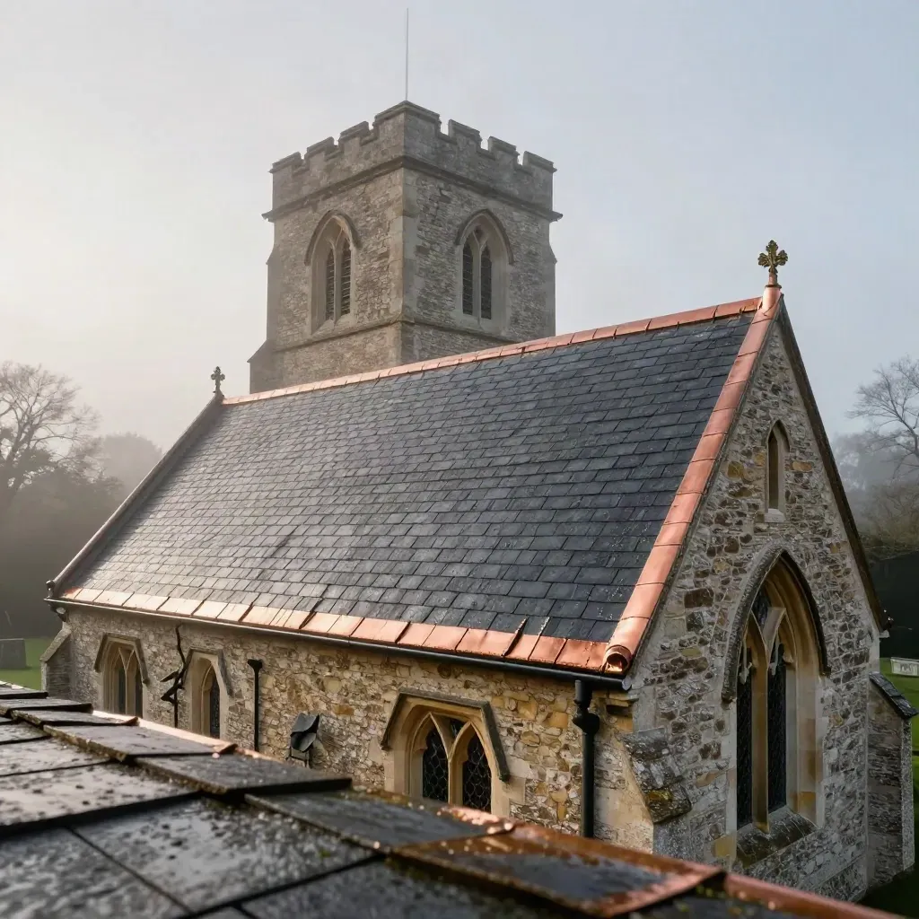 Hersteld dorpskerkdak met leien en koperen goot in mist na regen