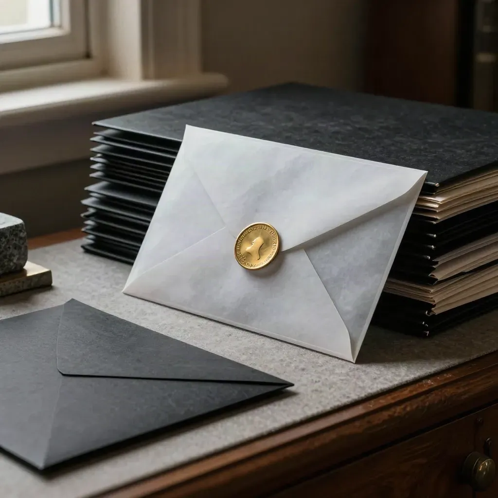 Archiefstukken met negatiefhoezen, glasplaat, messing token en paperweight op donker hout.