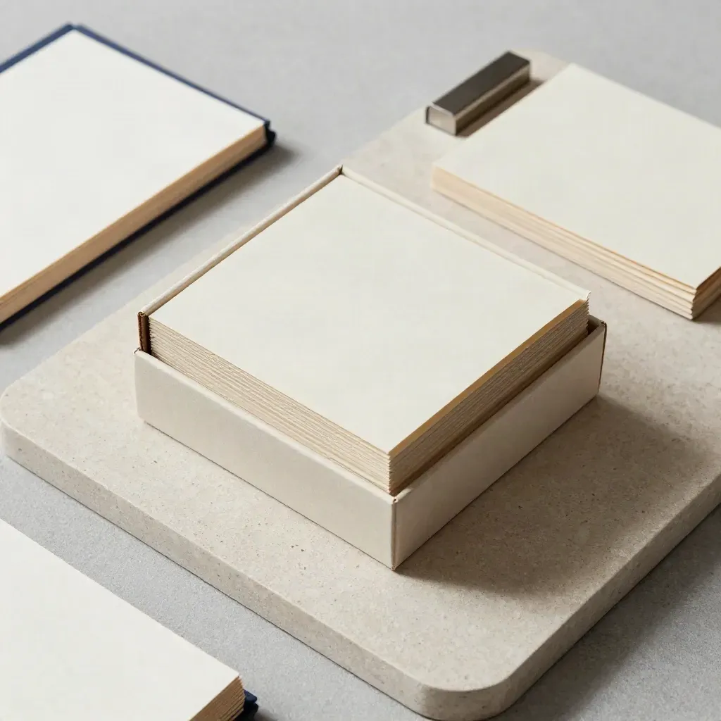 Archiefkaartendoos met sleeves, bronpakket en papiergewicht op stenen ondergrond