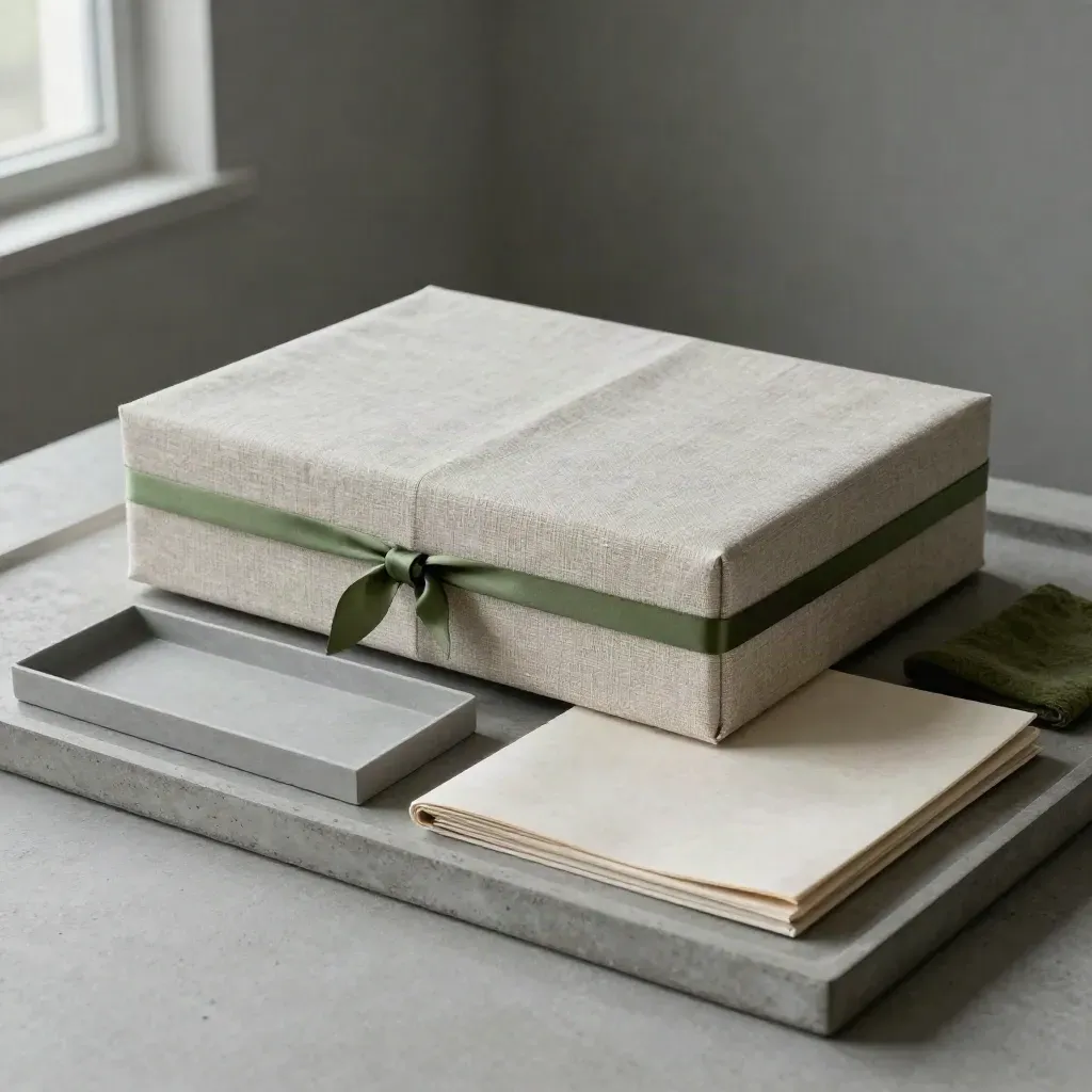 Presentatiedoos met linnen dossier, inhoudstray en mosgroene sluitlint op beton.