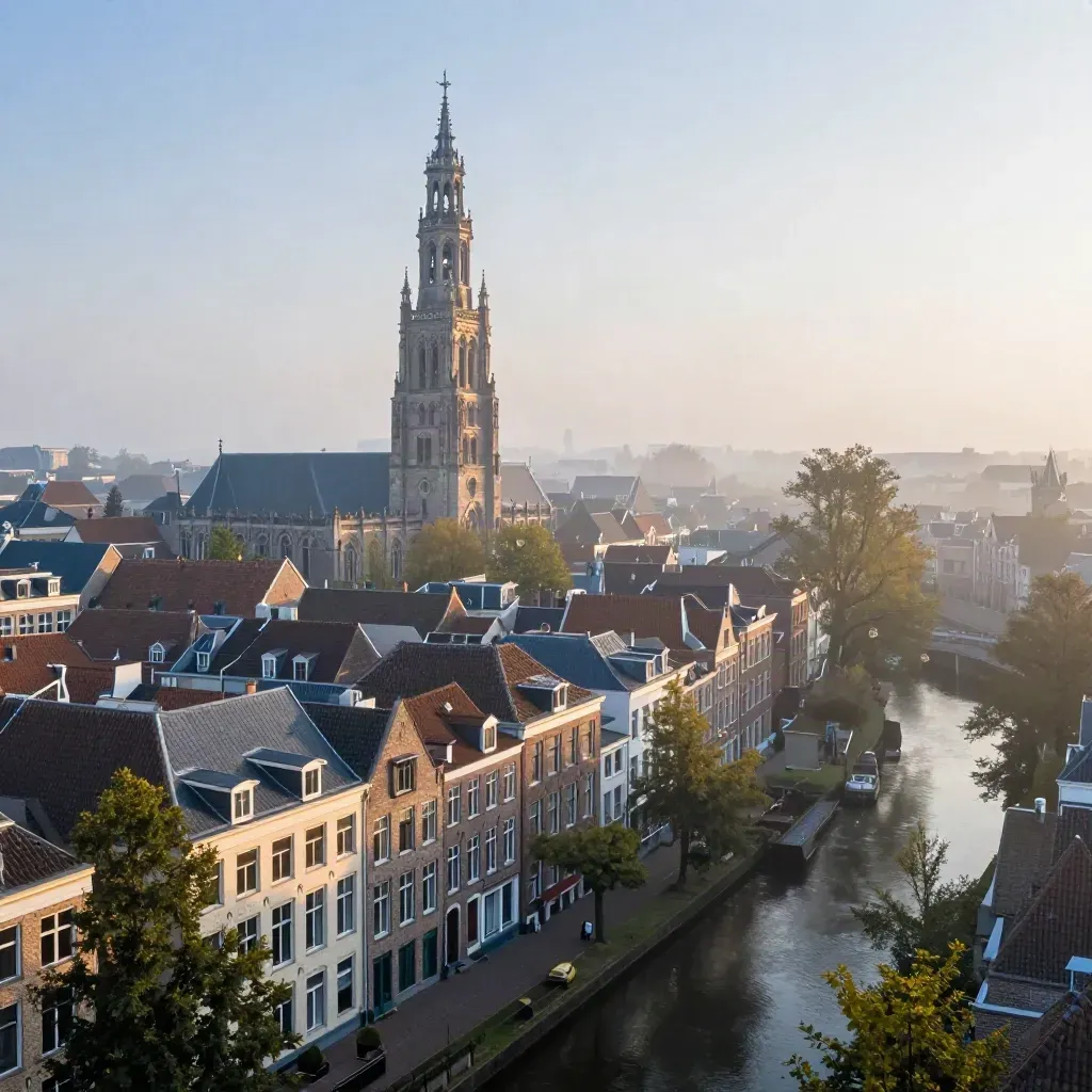 Mistige zonsopkomst boven Utrecht met de Domtoren en daken in zachte nevel.