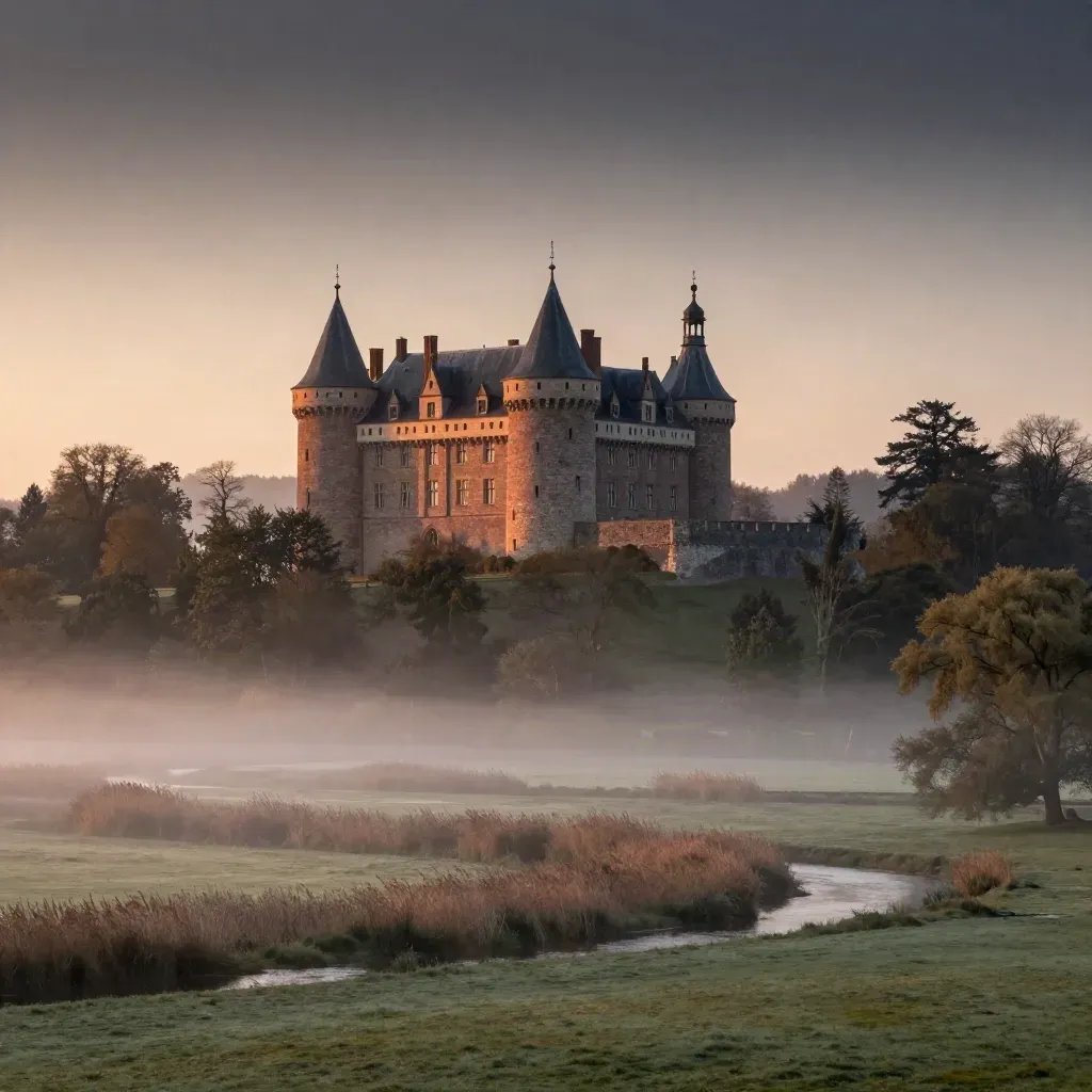 Kasteel Doorwerth boven mistige uiterwaarden bij zonsondergang, Gelderland