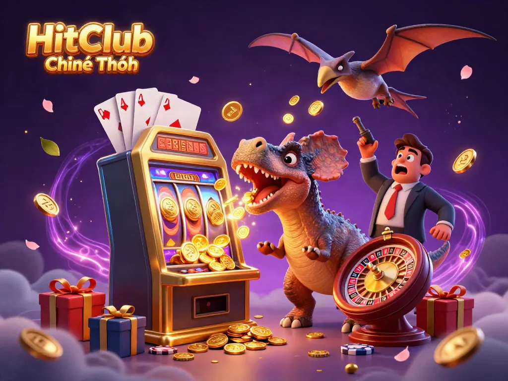 Experience casino excitement with HitClub Chính Thức as a pachycephalosaurus wins jackpot coins, alongside dynamic elements.