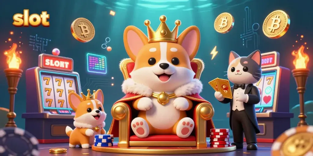 Experience jackpot excitement with vibrant slot-themed 3D illustration, featuring corgis and crypto coins.