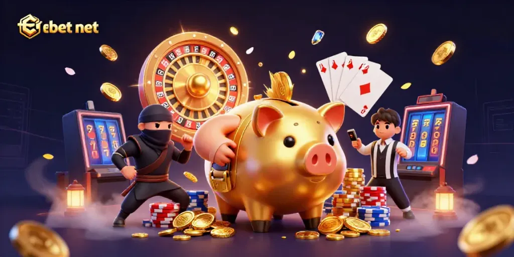 Experience excitement with febet net as a golden piggy bank sumo wrestler drops coins in a vibrant casino scene.