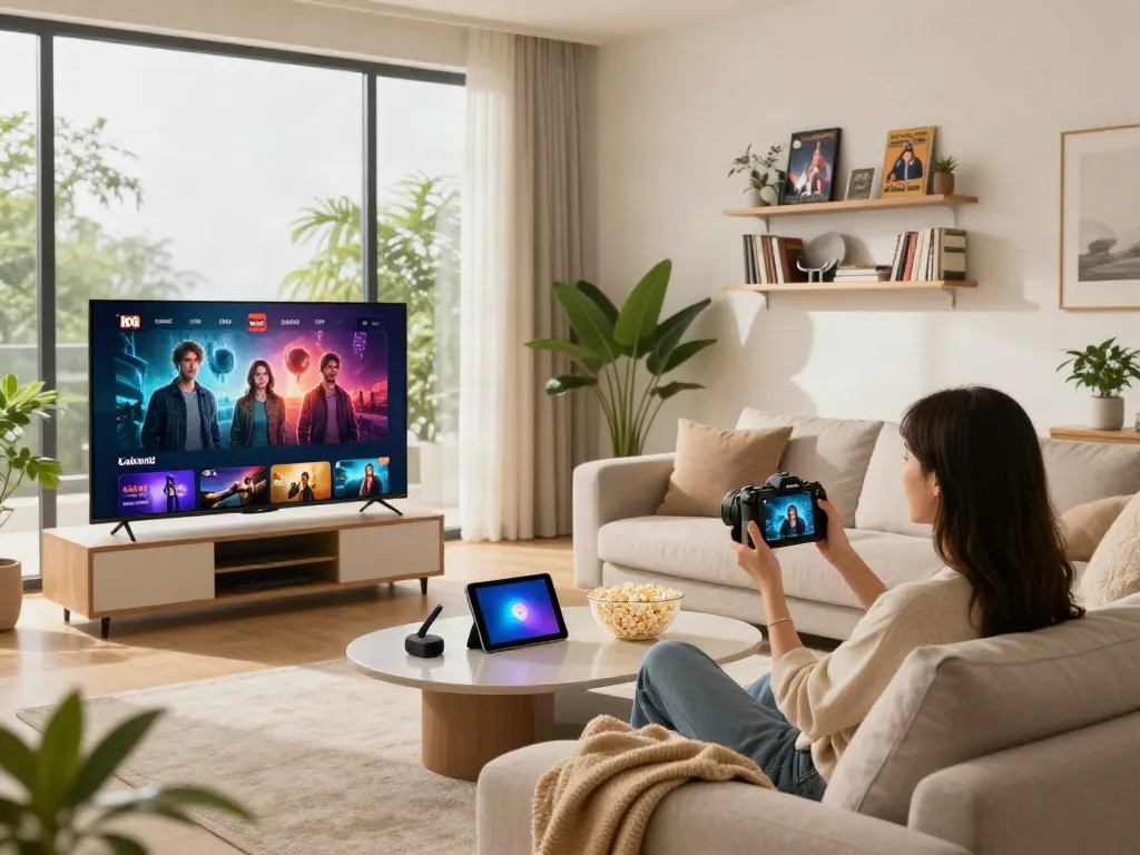Pikashow alternative app user enjoying a movie in a cozy home setting with streaming devices.