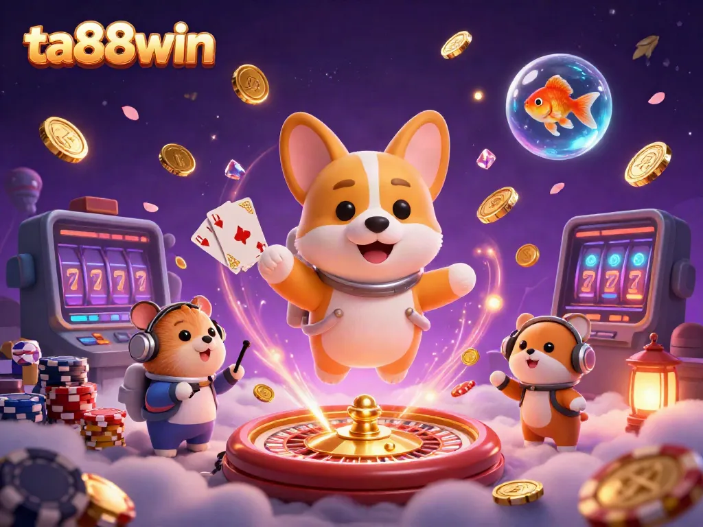 Experience fun at ta88win with a 3D casino scene featuring an astronaut corgi, poker chips, and a hamster controller.