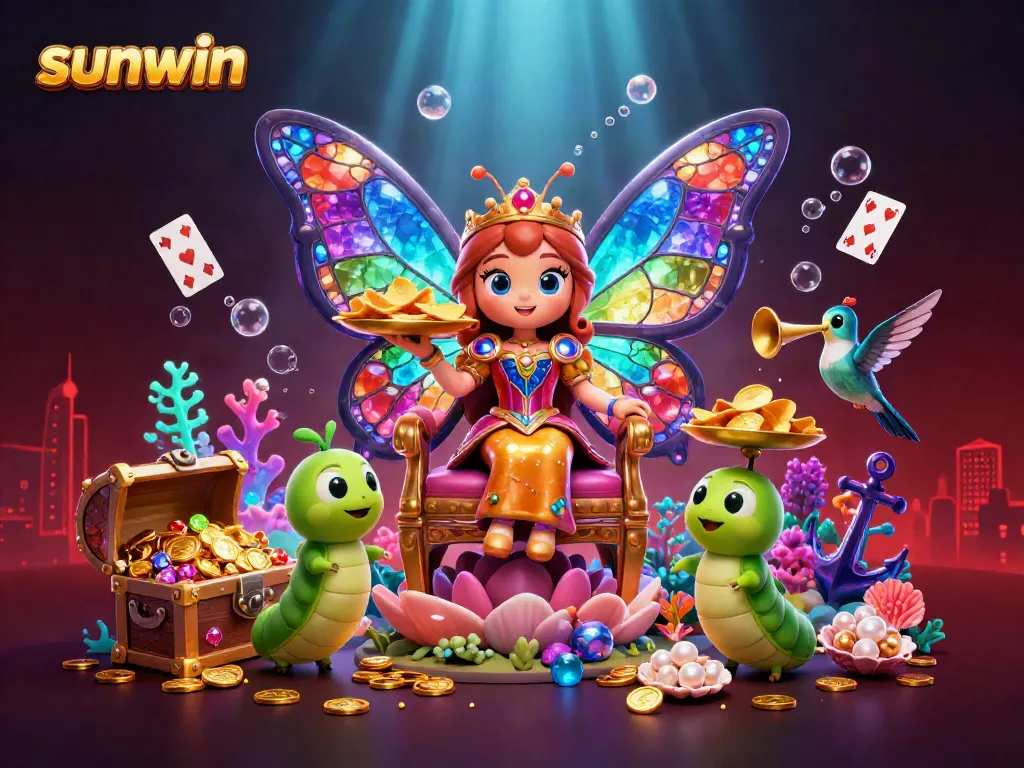 Experience thrills with sunwin in a vibrant illustration featuring a butterfly queen, gaming elements, and rich decorations.