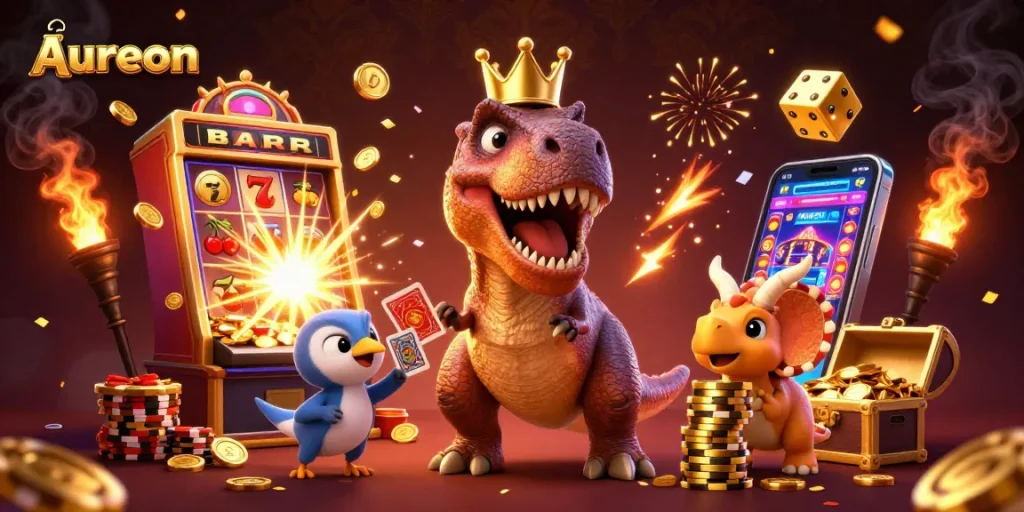 Aureon casino scene with T-Rex shuffling cards, pterodactyl assisting, and triceratops stacking chips
