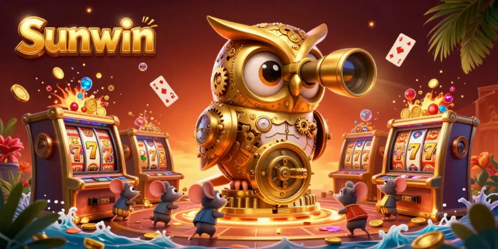Experience vibrant casino excitement with Sunwin's charming golden owl and animated game elements in this illustrated scene.