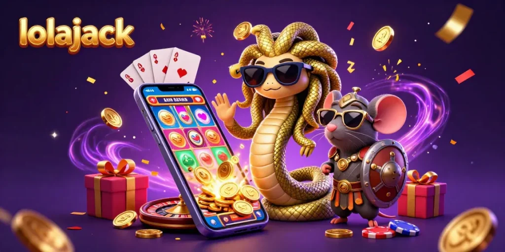 Experience thrilling wins at Lolajack casino with a vibrant scene showcasing games, Medusa, and festive elements.