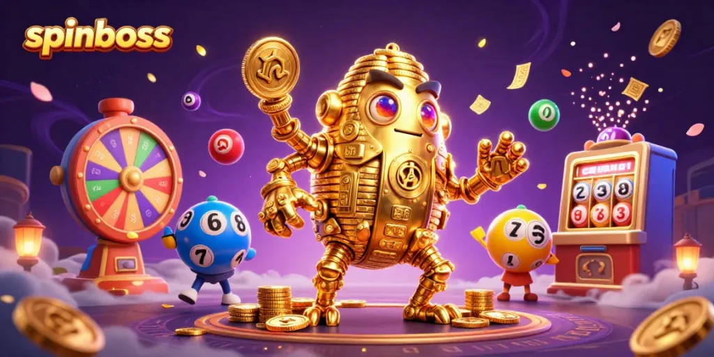 Engage with spinboss, the dynamic casino experience featuring a golden golem, vibrant prize wheels, and colorful lottery elements.