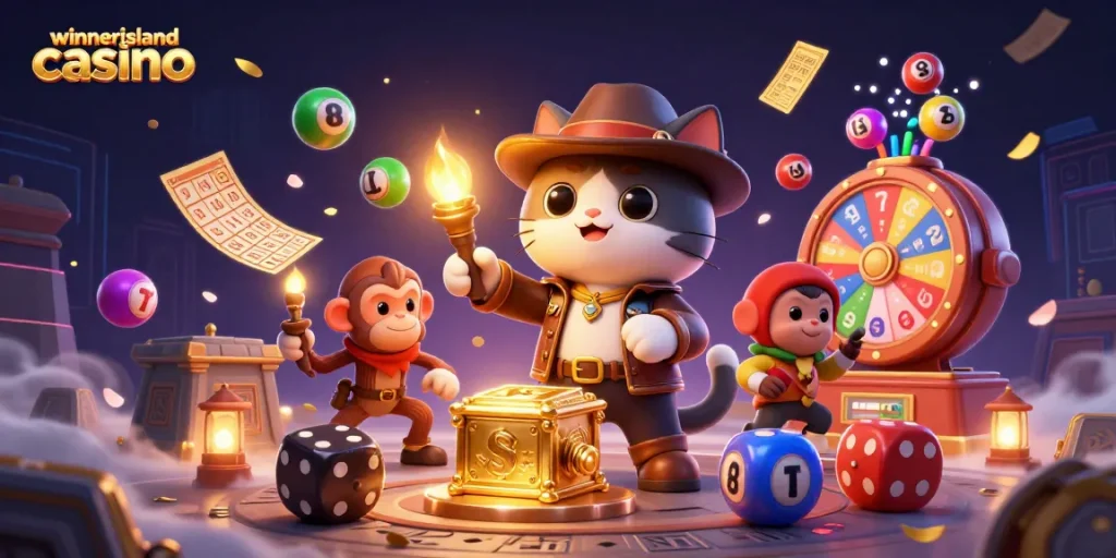 Experience the thrill of winnerislandcasino with a vibrant 3D scene of adventure and gaming.