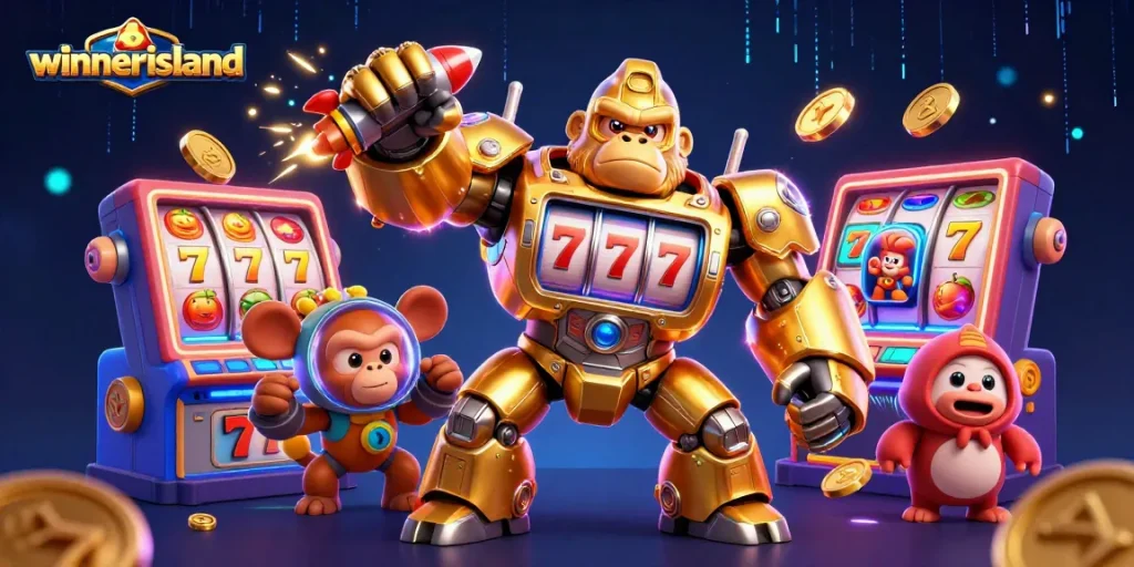 Experience the excitement of slot gaming at winnerisland with a golden gorilla mech surrounded by rich casino elements.