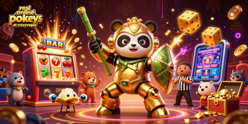 Spin to win with real online pokies australia at crazyvegas, featuring vibrant 3D scenes of exciting gameplay.
